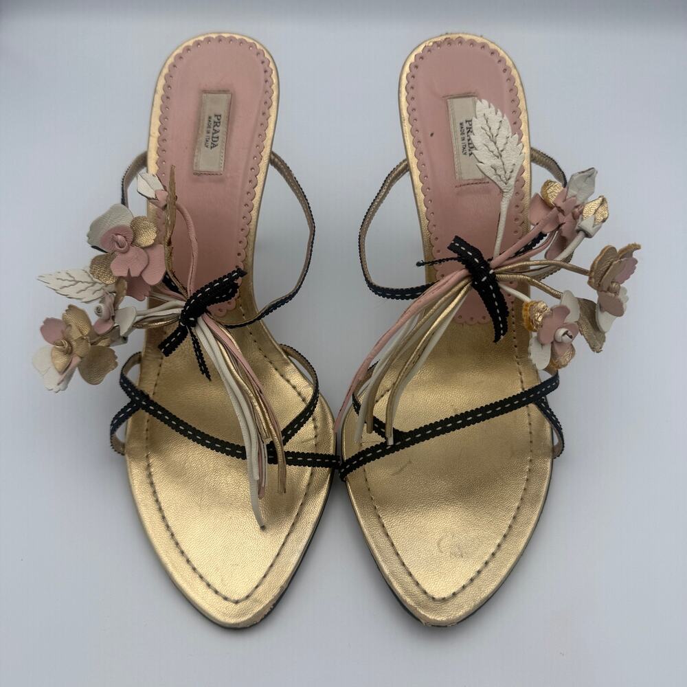 Rare Vintage Prada 2002 Flower Bouquet Gold Heels Neiman Marcus 95th Anniversary - Picture 2 of 7